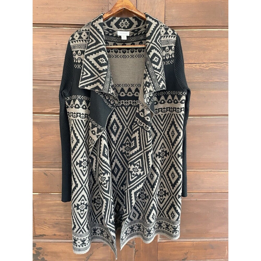 Kenar Open Front Cardigan Aztec Print Long Sleeve Merino Wool Size Large